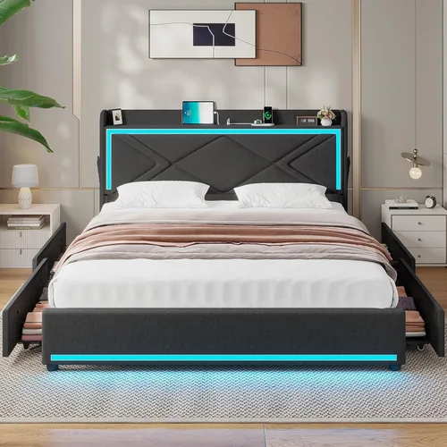 Vista 7 de Base de cama LED tamaño matrimonial con cabecera de almacenamiento, moderna cama tapizada con estación de carga tipo C y USB y 4 cajones, listones