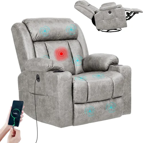 LEVELEVE Silla reclinable mecedora retro, silla de masaje con masaje por vibración y calor, puertos USB y tipo C, sillas giratorias de 360°, sala de