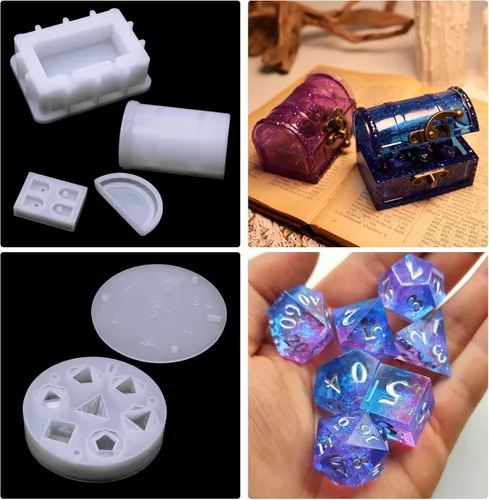 Vista 2 de Caja de dados de silicona y molde, 7 formas con caja de almacenamiento, molde epoxi para lanzar y almacenar dados, compatible con regalos