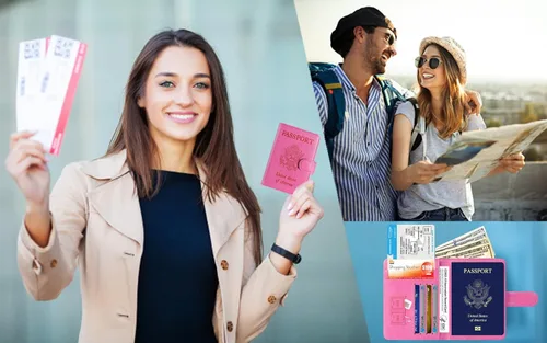 Vista 6 de Funda para pasaporte de piel con bloqueo RFID, accesorios de viaje para mujeres y hombres