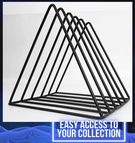 Vista 2 de Soporte para almacenamiento de discos de vinilo, estante triangular de alambre de metal premium para revistas y libros con capacidad para hasta 33