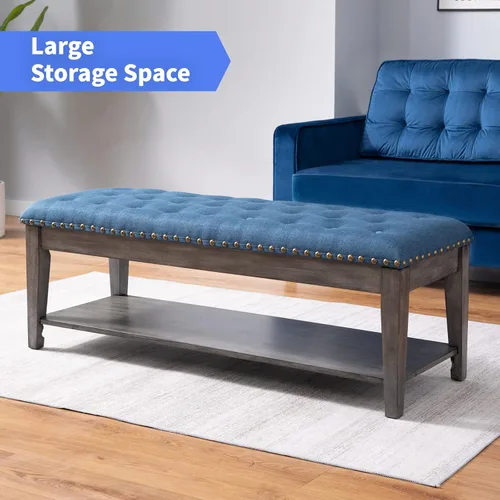 Vista 3 de Mesa de centro otomana, otomana tapizada rectangular con botones copetudos con estante y patas de madera maciza, reposapiés para sala de estar
