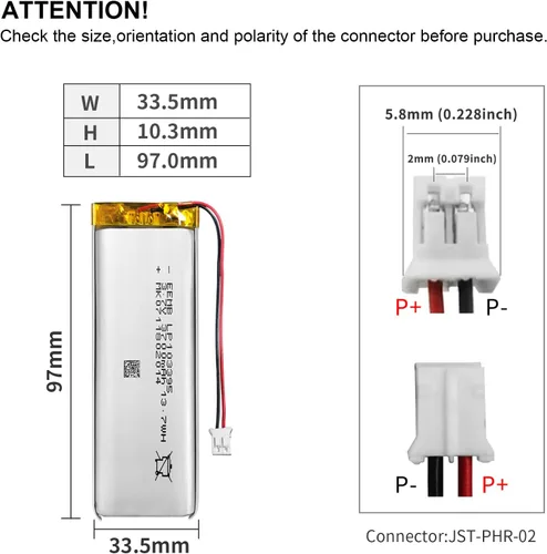 Vista 3 de 4 baterías EEMB 3.7V Lipo 3700mAh 103395 batería recargable de polímero de litio con conector JST (certificado UL para celda) Asegúrate de que
