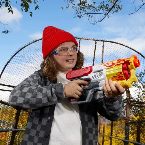 Vista 6 de Nerf Mega CycloneShock - Pistola de juguete, estilo de color Hotrod, tambor de 6 dardos, 6 dardos AccuStrike, fácil cebado (exclusivo de Yaxa)