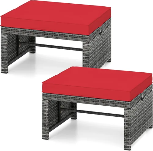 Tangkula 2 piezas otomanas de ratán de polietileno para patio, reposapiés multiusos para exteriores, reposapiés, mesa auxiliar de asiento adicional
