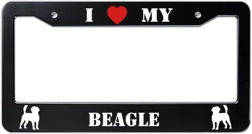 Marco de matrícula con texto en inglés "I Love My Beagle" con corazón rojo decorativo de metal para placa de automóvil, etiqueta de regalo para