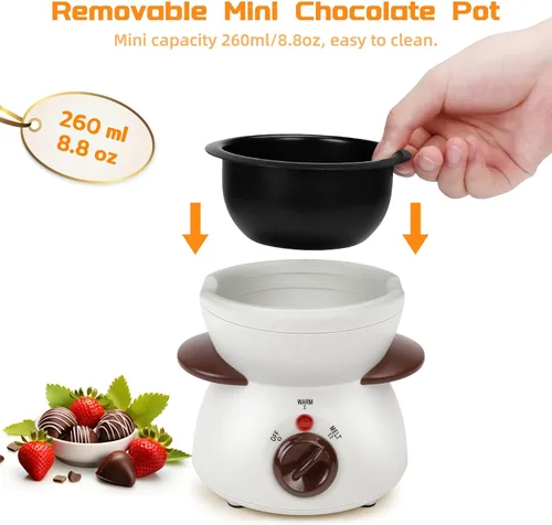 Vista 4 de Mini olla para fundir chocolate, fuente de fondue de chocolate, máquina calentadora de 8.79 onzas para chocolate con leche, queso, mantequilla