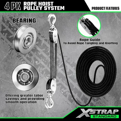 Vista 6 de XSTRAP STANDARD Polipasto de cuerda resistente con resistencia a la rotura de 2,000 LB, 50 pies de cuerda, estructura con rodamientos de ruedas