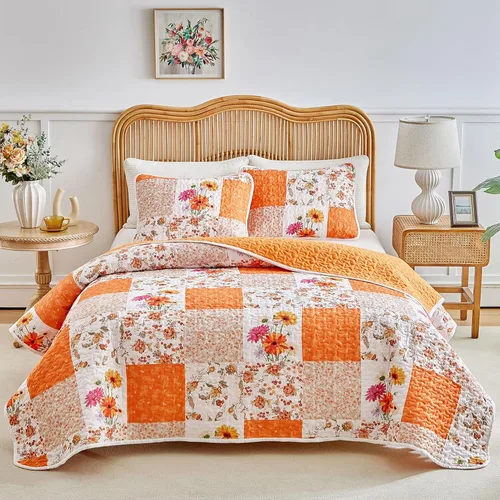 Vista 9 de Joyreap Juego de Edredón de Retazos Florales de 2 Piezas Tamaño Individual, Diseño de Flores Azules y Blancas, Edredón de Microfibra Suave