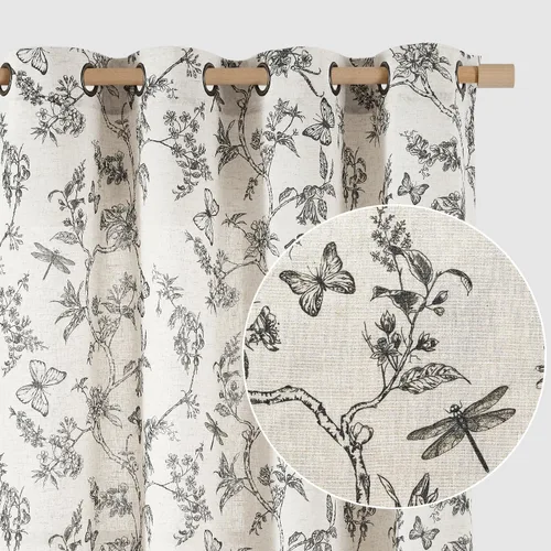 Lazzzy Cortinas de Lino de Granja con Flores Negras 63 Pulgadas de Largo, Cortinas para Sala de Estar y Dormitorio con Estampado, Cortinas Vintage