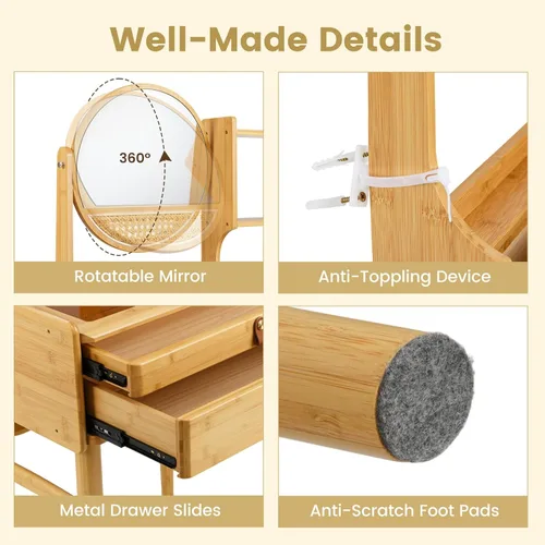 Vista 3 de Escritorio de tocador bohemio con espejo, mesa de tocador de maquillaje de bambú con 2 cajones de almacenamiento, estantes de gabinete y mesa