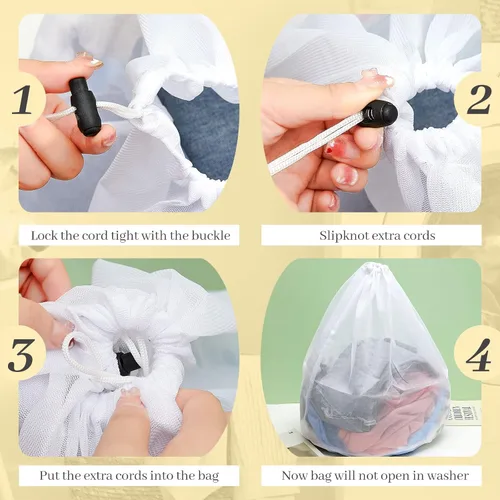 Vista 3 de 24 bolsas de malla fina para lavandería con cordón blanco de malla resistente, lavable a máquina, bolsa con cordón, bolsa de lavado de red, bolsa