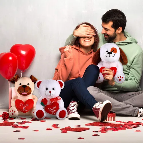 Vista 7 de Animales de peluche para el día de San Valentín de peluche de 10 pulgadas con diseño de corazón rojo y suave; peluche para el día de San Valentín