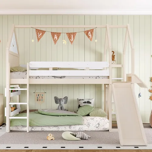 Vista 83 de Cama de casa de tamaño individual con elegantes ventanas y estantería, litera con diseño de castillo de madera con barandillas de seguridad