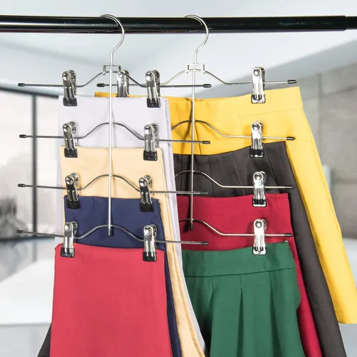 Vista 6 de Perchas para pantalones de varias capas, perchas de falda de 4 niveles con clips ajustables, organizador de armario antideslizante que ahorra
