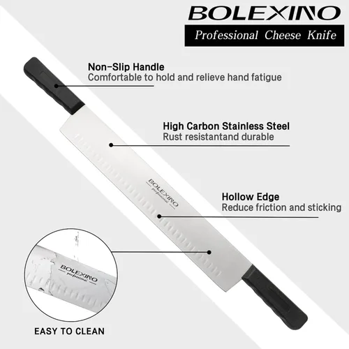 Vista 4 de Cuchillo de queso de doble mango de 15 pulgadas para embutidos, hoja de acero inoxidable de alto carbono con asas de plástico negro de 5 pulgadas