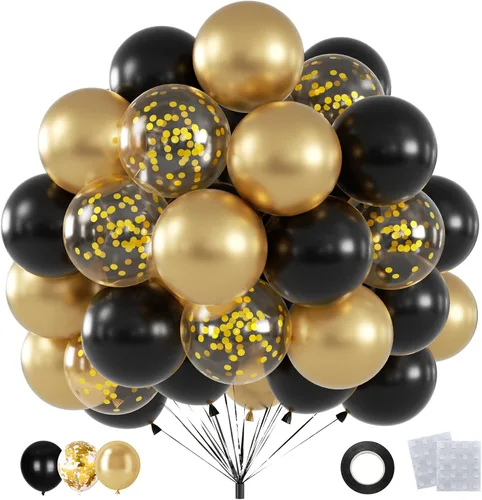 60 globos de confeti negro y dorado, globos dorados metálicos de 12 pulgadas