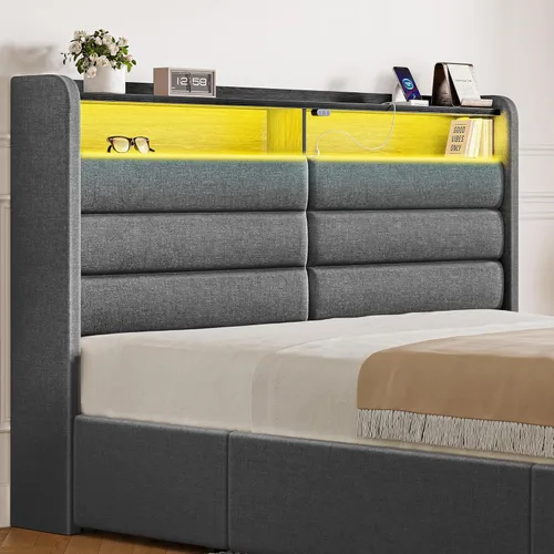 Vista 7 de Seventable Base de cama de tamaño individual con 3 cajones de almacenamiento y estación de carga, cama de plataforma tapizada con cabecera de Blanco