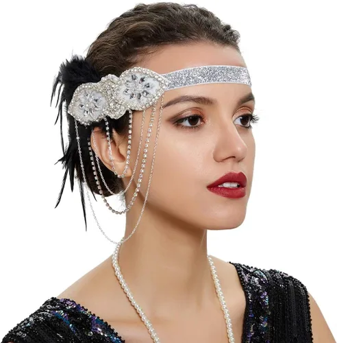 Vista 35 de Roaring 20s Great Gatsby - Diadema estilo flapper para mujer, estilo Art Deco de los años 20, con plumas A azul