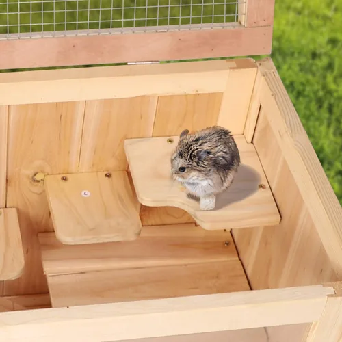 Vista 6 de Jaula para hámster de 2 niveles de lujo, cabaña de madera, hábitat de casa de juegos de animales pequeños con estante y escalera