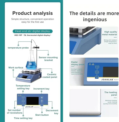 Vista 3 de 5L Lab Magnetic Stirrer,200-2000 RPM,600W,Temperature/Speed Adjustment,Digital Display Heating,with Stir Bar/Fuse/Bracket/Temperature Probe