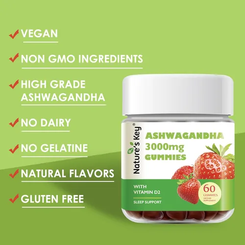 Vista 6 de Nature's Key Gomitas Ashwagandha, 3000 mg de extracto de raíz de Ashwagandha de alta potencia con vitamina D2, estrés, estado de ánimo tranquilo