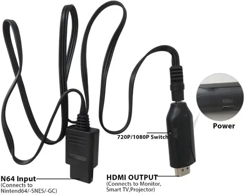 Vista 2 de Adaptador de convertidor HDMI prémium para N64GameCubeSNES Plug and Play 1M macho a macho 1080P Nintendo 64 a HDMI Converte