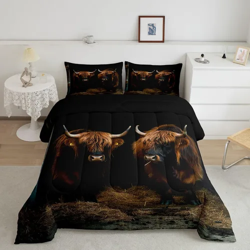 Vista 2 de Ropa de cama con estampado de vaca marrón tamaño individual, juego de edredón rústico de piel de vaca con calavera de vaca, relleno de edredón