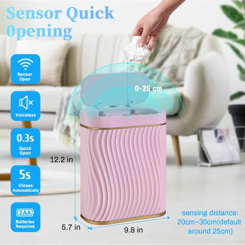 Vista 30 de Cubo de basura pequeño para baño con tapa automática sin contacto, bote de basura inteligente de 2.6 galones, contenedor de basura estrecho e