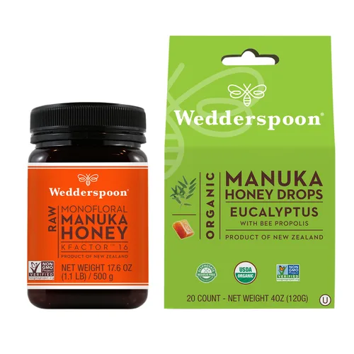 Wedderspoon KFactor de miel de manuka cruda premium 16+, sin pasteurizar, miel genuina de Nueva Zelanda, eucalipto + propóleos de abeja, sin