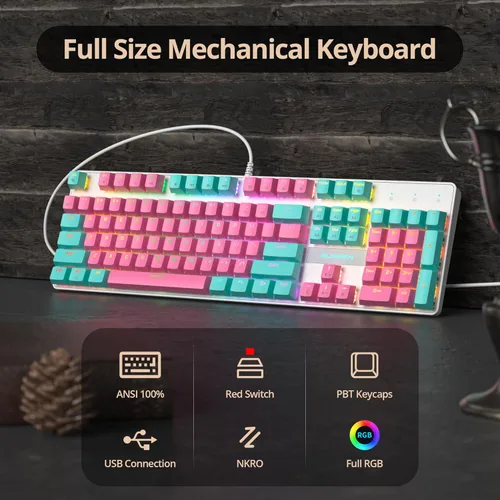 Vista 2 de Teclado mecánico de tamaño completo, teclado cremoso con teclado numérico, teclado para juegos con cable de 104 teclas, teclado rosa con interruptor