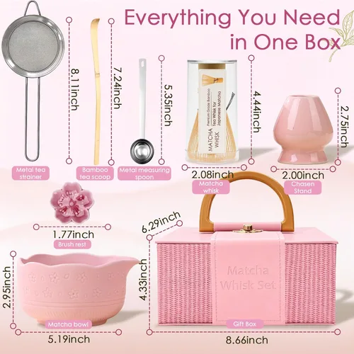Vista 2 de Juego de 8 batidores de matcha, juego de matcha que incluye cuenco de cerámica matcha, batidor y soporte, cuchara de bambú, cuchara, tamiz, cucharas