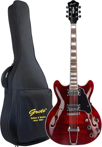 Vista 7 de Guitarra eléctrica de jazz GROTE de cuerpo semihueco con puente de cola de trapecio y bolsa para conciertos (Negro02)