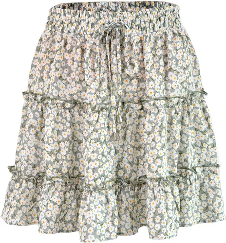 Locachy Falda de verano con estampado floral para mujer, cintura alta con cordón y volantes, falda acampanada para playa