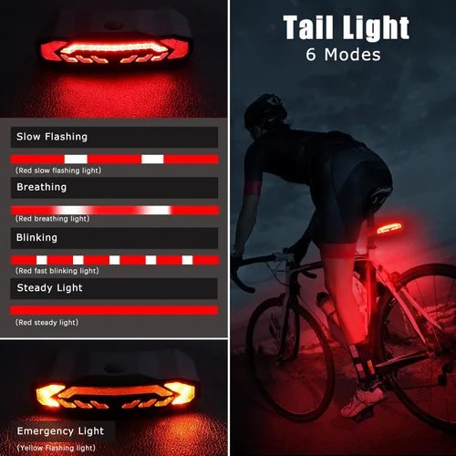 Vista 4 de WSDCAM Luz inteligente para bicicleta con señales de giro, luz de freno y bocina de alarma, luz trasera de bicicleta recargable impermeable