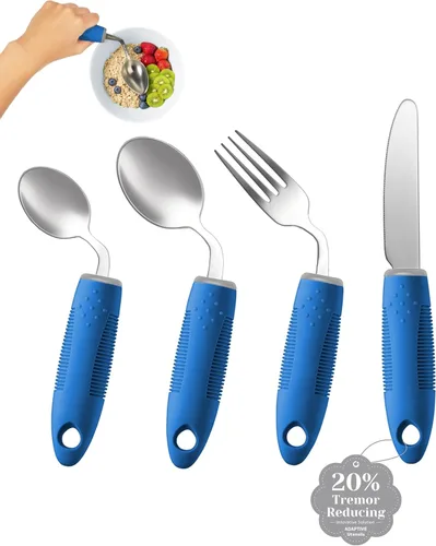 Vista 11 de Juego de utensilios adaptativos de 3 piezas, utensilios de Parkinson en ángulo de 42°, utensilios con peso de 2.5 onzas para pacientes con temblores