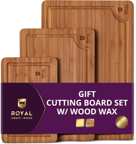 Vista 9 de ROYAL CRAFT WOOD Tablas de cortar de madera para preparar comidas y servir en la cocina, juego de tablas de servir de madera de bambú con asas