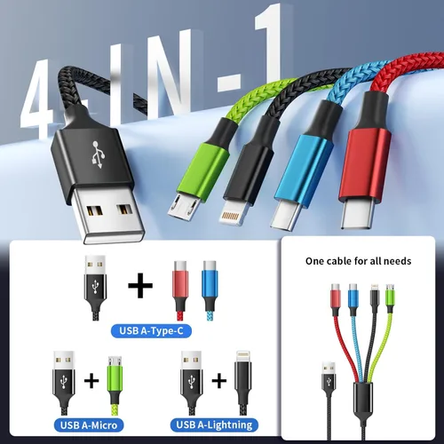 Vista 67 de Cable de carga múltiple 4 en 1, paquete de 2 cables de carga de 6 Verde militar_oro_azul_gris