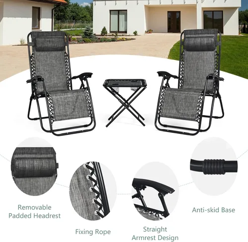 Vista 8 de HAPPYGRILL Juego de sillas de salón Zero Gravity con mesa auxiliar, sillas reclinables plegables con mesa auxiliar y almohada, juego de 3 piezas
