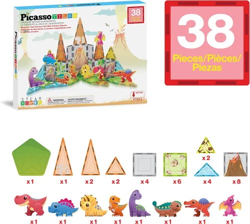Vista 3 de PicassoTiles - Juego de 38 piezas de bloques de construcción con azulejos magnéticos, tema de dinosaurios, con 8 figuras de acción magnetizadas