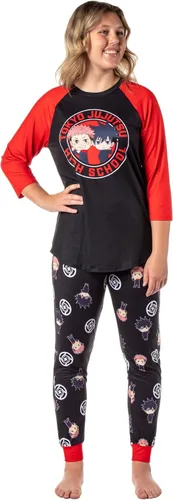 Bioworld Jujutsu Kaisen - Pijama para mujer Tokyo Jujutsu High School Yuji Itadori y Megumi Fushiguro Raglan Jogger Pijama Conjunto