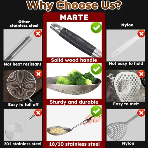 Vista 3 de MARTE Cuchara ranurada de 14.8 pulgadas para pasta, cuchara para cocinar y freír, cuchara coladora de cocina con mango de madera negra resistente al