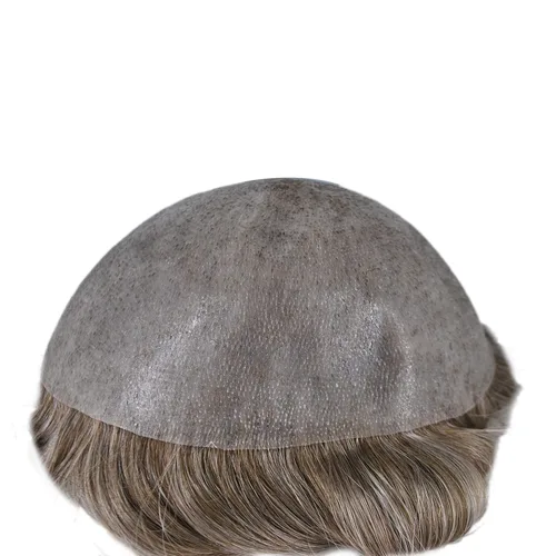 Vista 3 de pelo gris toupee para hombres piel fina cabello humano marrón claro mezclado pelo blanco 660 #