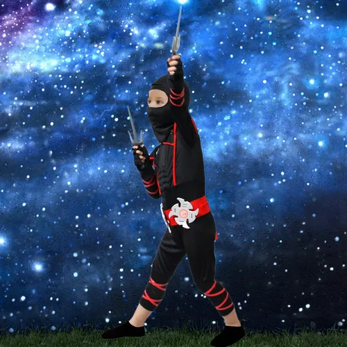 Vista 6 de Brwoynn Disfraz de Ninja Deluxe de Halloween para niños con accesorios de espuma Ninja