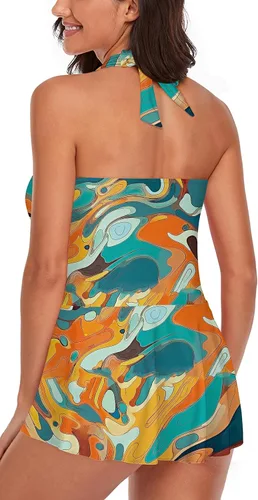 Vista 3 de Traje de baño tankini halter para mujer, de dos piezas, con control de abdomen, cuello en V, con pantalones cortos