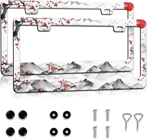 Vista 8 de Marco de matrícula personalizado, marco de placa de matrícula de flores hippie, 2 piezas, cubierta de placa de acero inoxidable para hombres
