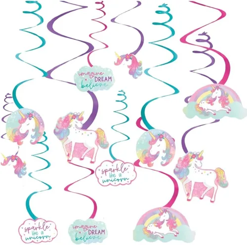 Decoraciones colgantes de remolinos – 5 y 7 pulgadas (paquete de 12) – Perfecto para fiestas temáticas y eventos, unicornio encantado