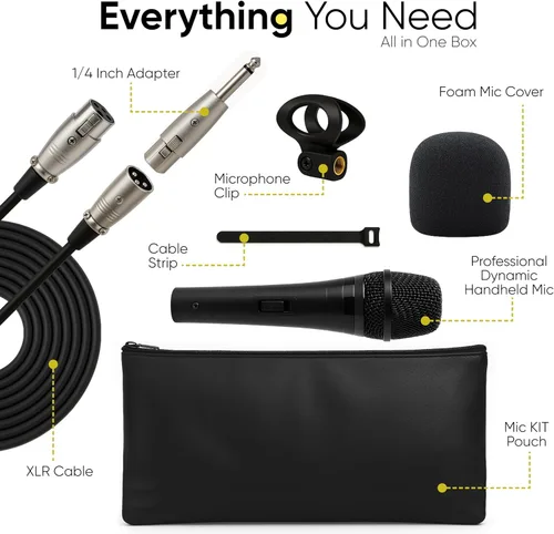 Vista 4 de Bowens Dynamic Mic XLR - Micrófono de karaoke con cable de 15 pies, micrófono vocal de mano para cantar, DJ, podcasting y sistemas de PA, kit