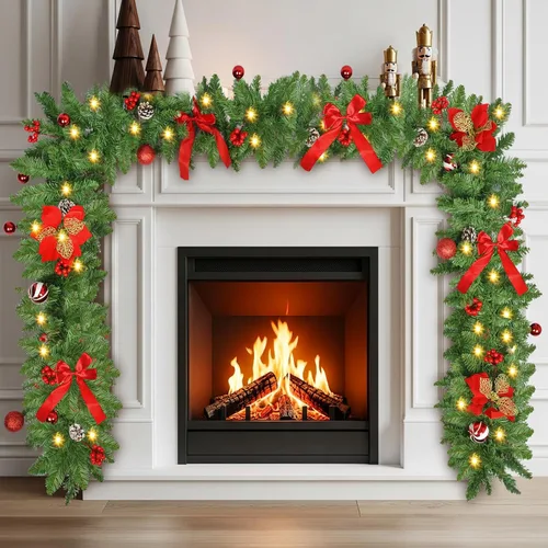Guirnalda de Navidad con luces, guirnalda de Navidad iluminada de 9 pies con 30 LED, guirnalda preiluminada a pilas, guirnalda de Navidad para