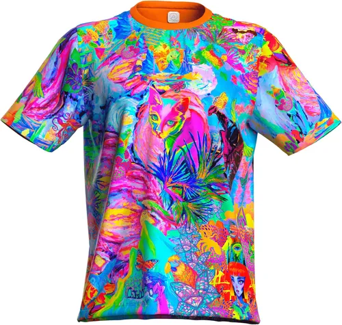 aofmoka Camiseta de los hombres de la impresión reactiva de la luz negra de neón del arte hecho a mano fluorescente ultravioleta